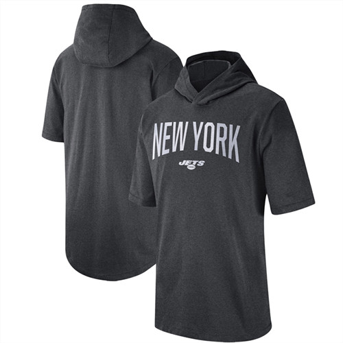 Men's New York Jets Heathered Charcoal Sideline Training Hooded Performance T-Shirt